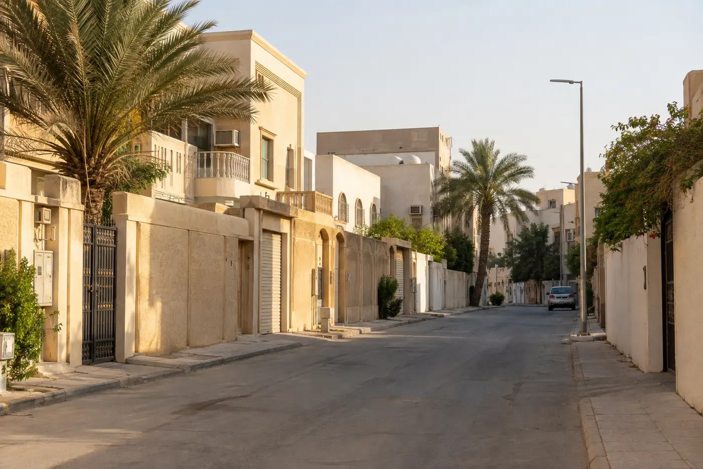 شارع في حي قديم بفلل ومكيفات شباك، من البيوت التي تشملها مكافحة الحشرات والقوارض وسط الرياض