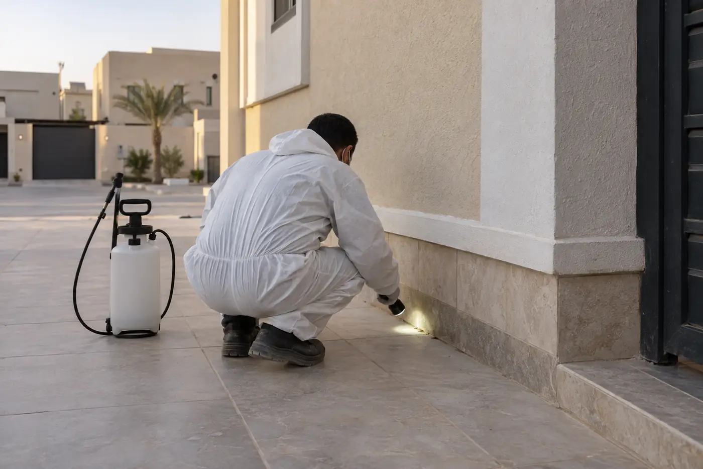فني ببدلة واقية يفحص فتحات حول بيت
